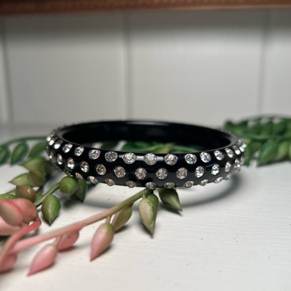 Vintage Jet Black Lucite 3-Row Crystal Bangle Bracelet Spacer 1/2”